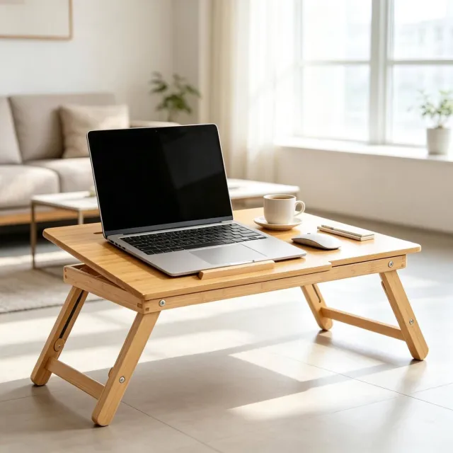 DESMIU Bedtafel - Opklapbaar En Hoogte Verstelbaar Met Lade En Ventilatiegaten - Voor Bed En Bank - Bamboe - Naturel - 55X35X32,5 Cm