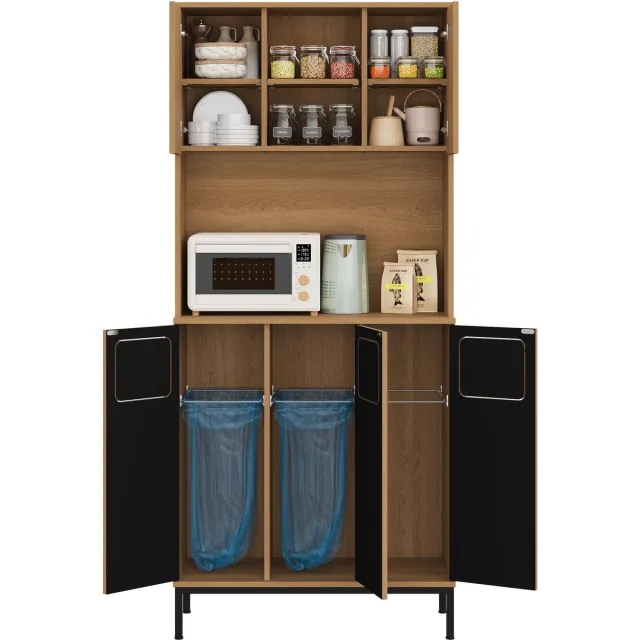 Merax Hoge Keukenkast met Afvalscheiding - 3 Vakken voor Afval - Opbergruimte met Verstelbare Planken - Plaats voor Magnetron - Kast in Eikenkleur - 80x35x181 cm Bruin