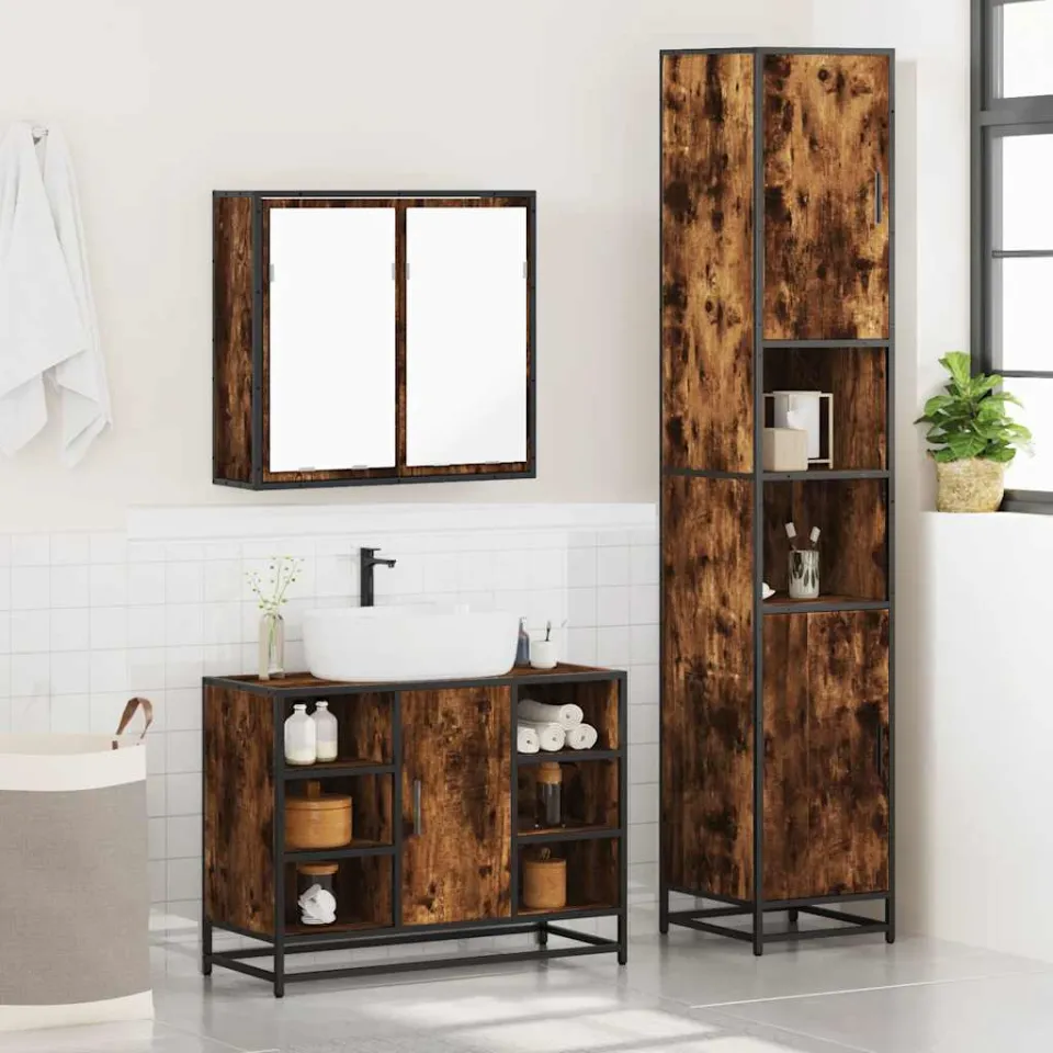 vidaXL 3-delige Badkamermeubelset bewerkt hout gerookt eikenkleurig, foto 4