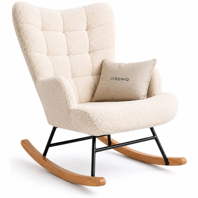ITRONIQ Teddy Schommelstoel - Moderne Lounge Fauteuil Met Houten Poten - Zachte Relax Chair Voor Woonkamer en Babykamer - Cream Creme