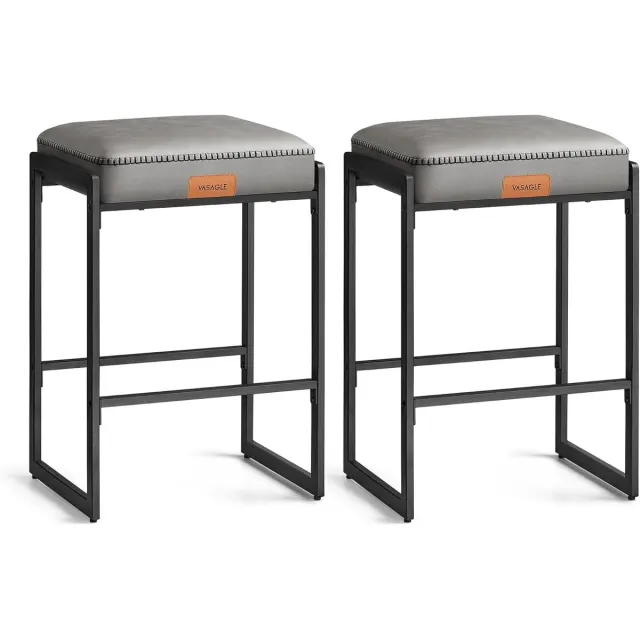 FurnStar Barkruk set van 2 - Barstoel - Keukenstoel - Kunstleer met naden - Mid-Century moderne stijl - 66 cm hoog - Huisbar en eetkamer - Eenvoudige montage - Duifgrijs