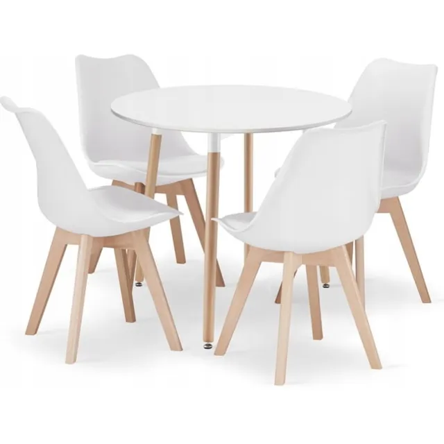 LEOBERT Eettafel Set KAMI 80 cm – Wit – Inclusief 4 Eetkamerstoelen MARK – Wit
