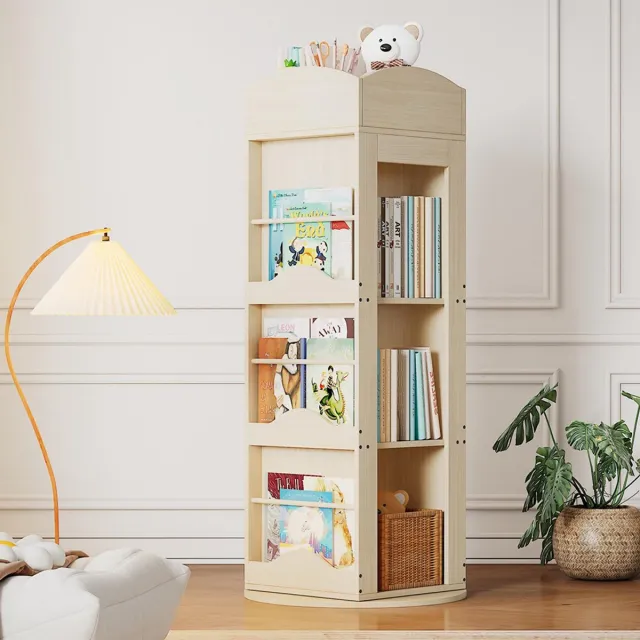 BLACKCOLORS Draaibare boekenkast en boekenplank - 142x63x63 cm (HxBxD) - 360 graden draaifunctie - Met 4 planken - Multifunctionele opbergkast voor kinderen en volwassenen - Staande opbergplank Naturel