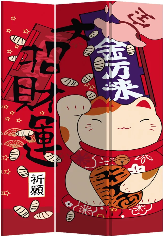 Fine Asianliving Japans Kamerscherm Scheidingswand B120xH180cm 3 Panelen Lucky Cat Rood, Multicolour