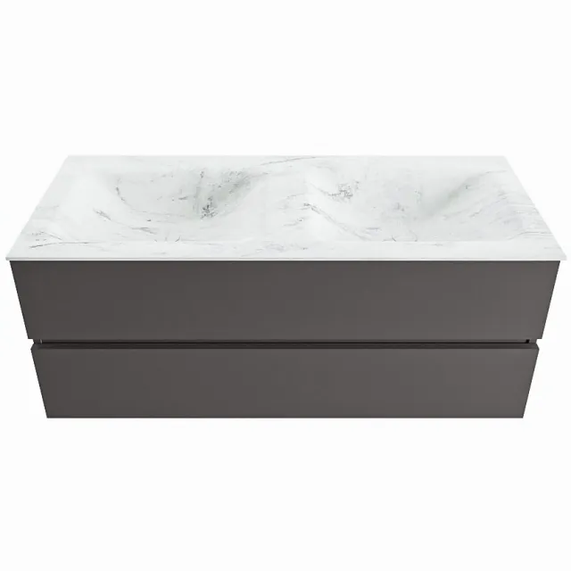 Mondiaz VICA-DLUX 120cm badmeubel onderkast Dark grey 2 lades. Inbouw wastafel CLOUD dubbel zonder kraangat, kleur Opalo.