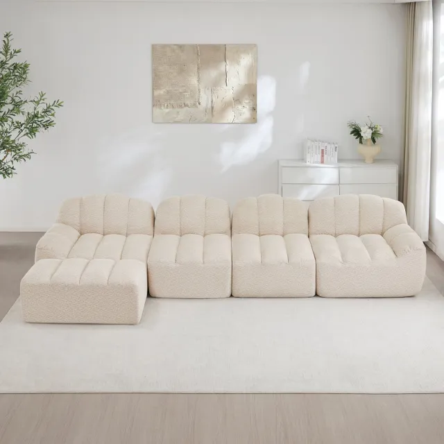 MODFU Modulaire Hoekbank - Frameloos Met Ottoman - Ergonomische Vorm - Voor Woonkamer - Fleecestof - Beige-Wit Beige wit