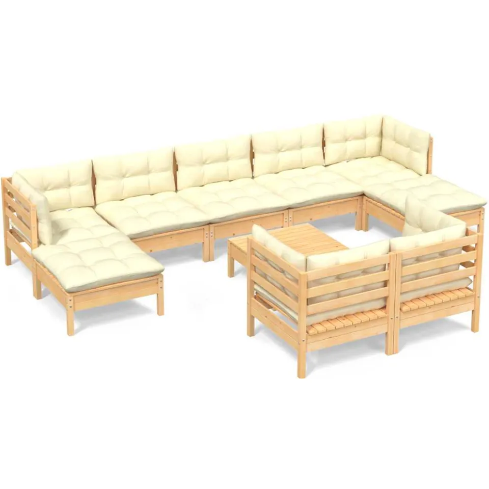 vidaXL 10-delige Loungeset met crèmekleurige kussens massief grenenhout