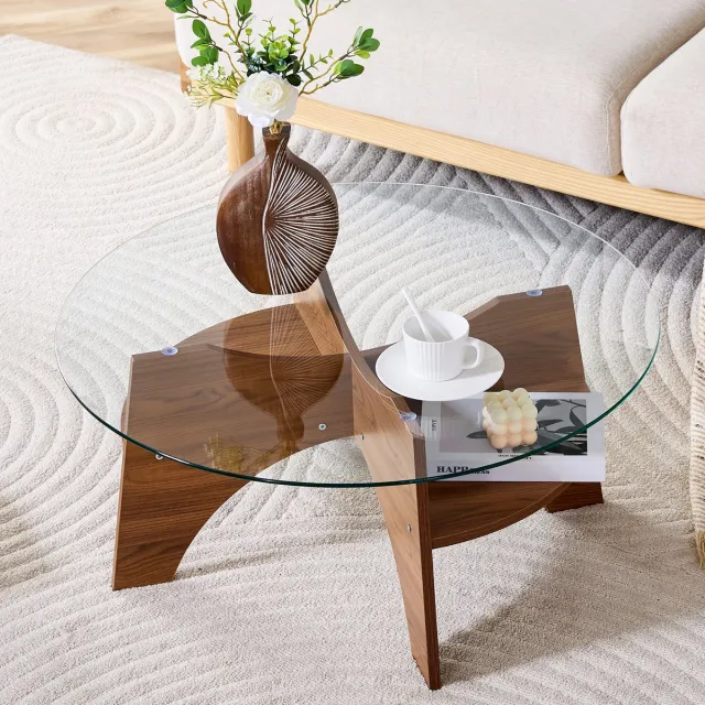 HAUSS SPOLE Bijzettafel Rond - Veiligheidsglas Met Waaierpoot - Voor Woonkamer En Kantoor - MDF Walnootlook - Ø 80 X 36 Cm Notenhout