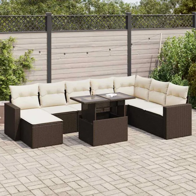 vidaXL 9-delige Loungeset met kussens poly rattan bruin, foto 2