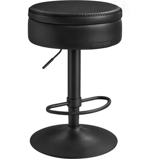 FurnStar Barkruk - 360° Draaibare Barkruk - In Hoogte Verstelbare Barstoel - Met Opbergruimte - Kunstleer - Naden - Mid-Century Moderne Stijl - Keuken - Huisbar - Eenvoudige Montage - Inktzwart