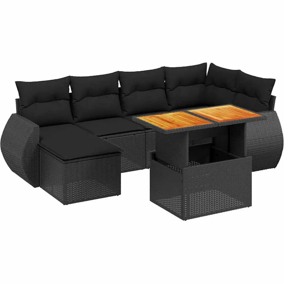 vidaXL 7-delige Loungeset met kussens poly rattan zwart