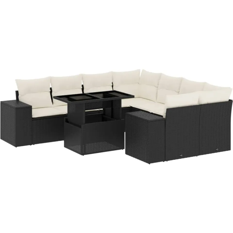 vidaXL 9-delige Loungeset met kussens poly rattan zwart
