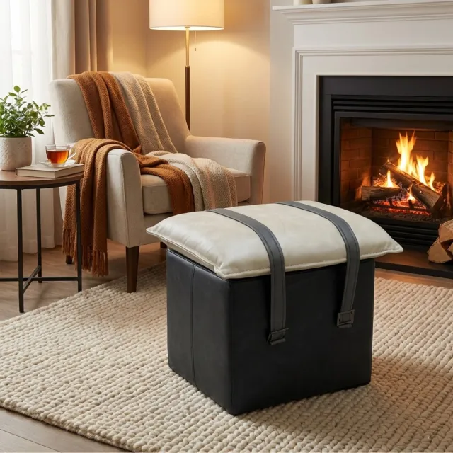 De Groen Home Vintage Explorer Stoere Poef - 50x40x30 cm - Donkerbruin & Beige - Comfortabele Zitzak stoel