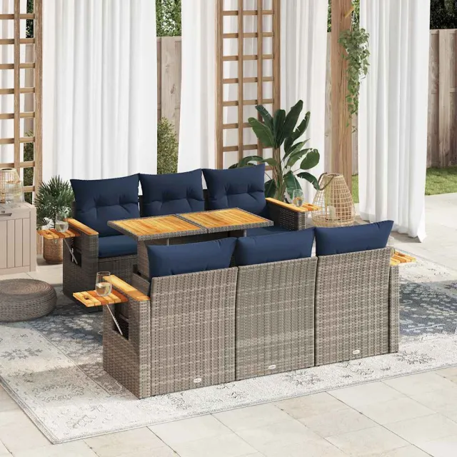vidaXL 7-delige Loungeset met kussens poly rattan grijs, foto 2