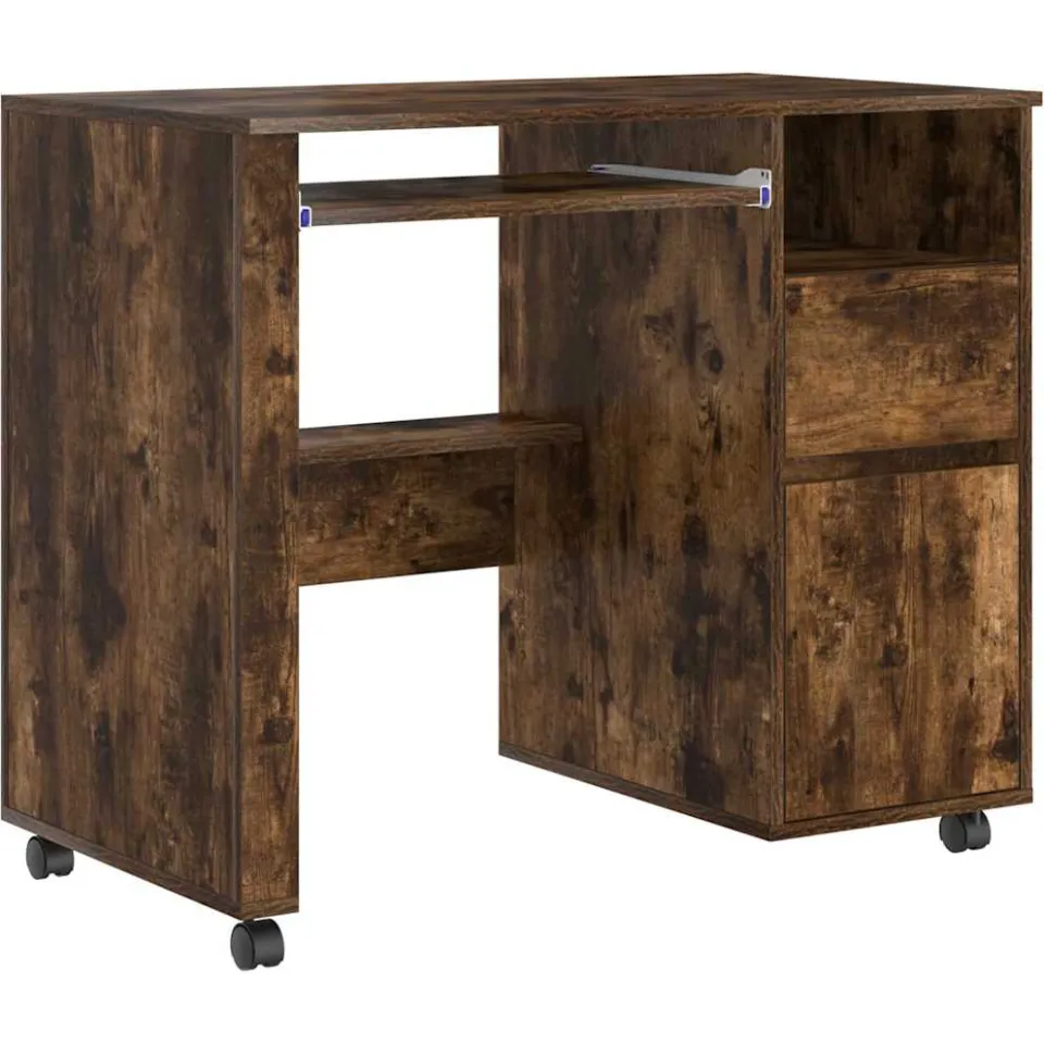 vidaXL Bureau met Wielen Gerookt eiken 91 x 50 x 77 cm Bewerkt hout, foto 3