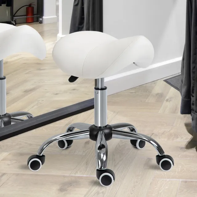 MODENUIT Bureaukruk 49-61 cm - Draaibaar Met 5 Wielen Zadelzitting - Voor Bureau En Thuis - Kunstleer Wit
