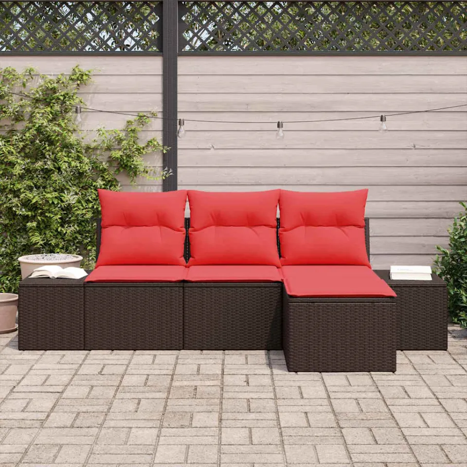 vidaXL Tuin Sofa Set 4 st Bruin en Rood poly rattan, foto 3