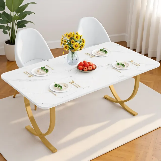 Tribesigns Eettafel - Keukentafel - 160 x 80 x 75 cm - Eetkamertafel Voor 6-8 Personen - Rechthoekig - Moderner Design - Vintage - Wit en Goud
