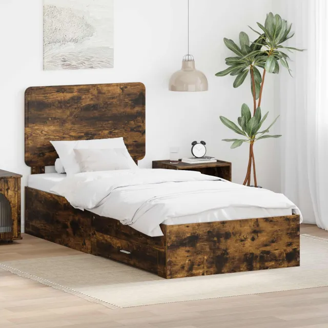 vidaXL Bedframe met lade Gerookt eiken 90 x 190 cm Bewerkt hout Bruin