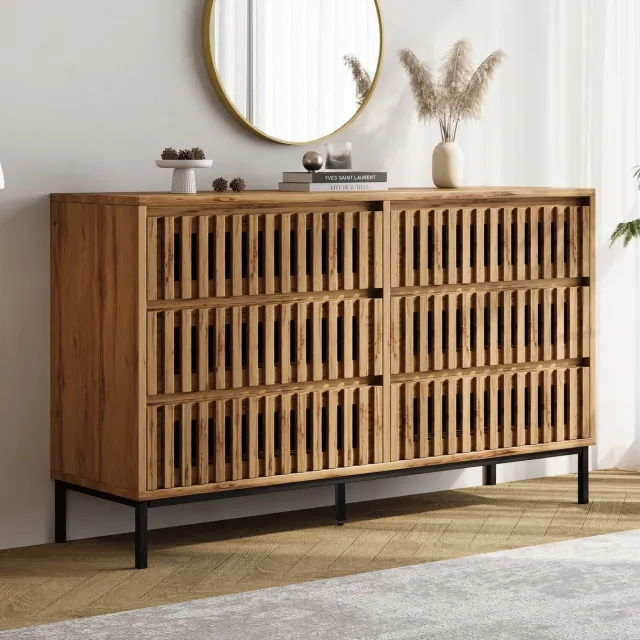 STILVORA Dressoir - Opbergkast Met 6 Lades En Lattenfront - Voor Woonkamer Slaapkamer En Hal - MDF En Spaanplaat - 120x40x81 Cm - Natuurlijk Natural