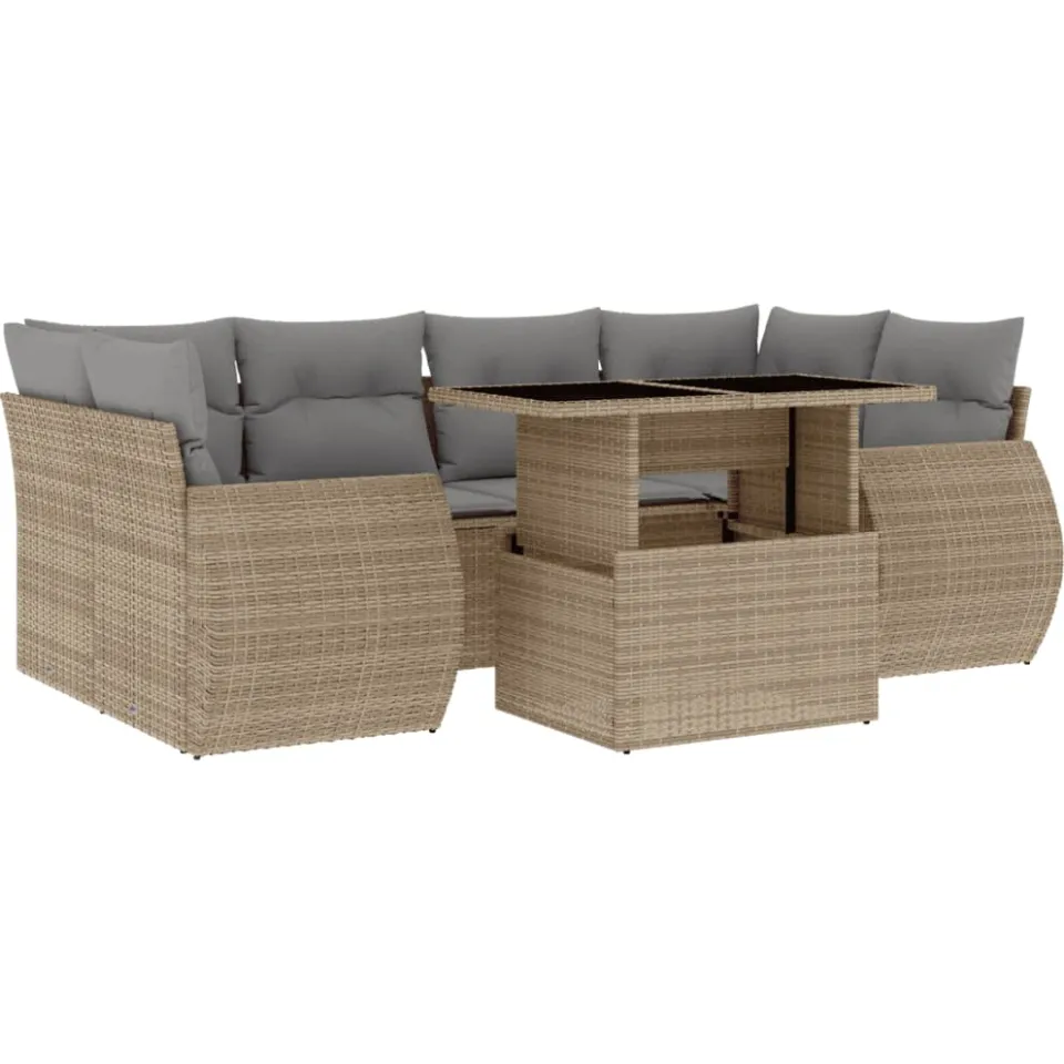 vidaXL 7-delige Loungeset met kussens poly rattan beige, foto 3