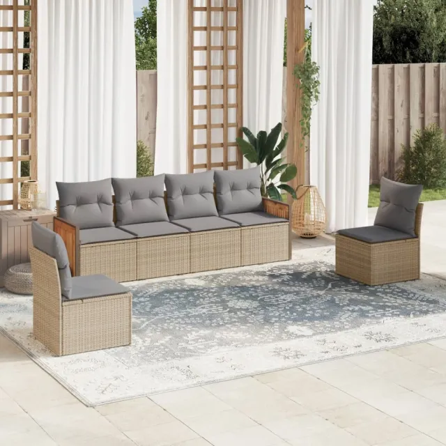 vidaXL 6-delige Loungeset met kussens poly rattan beige, foto 2