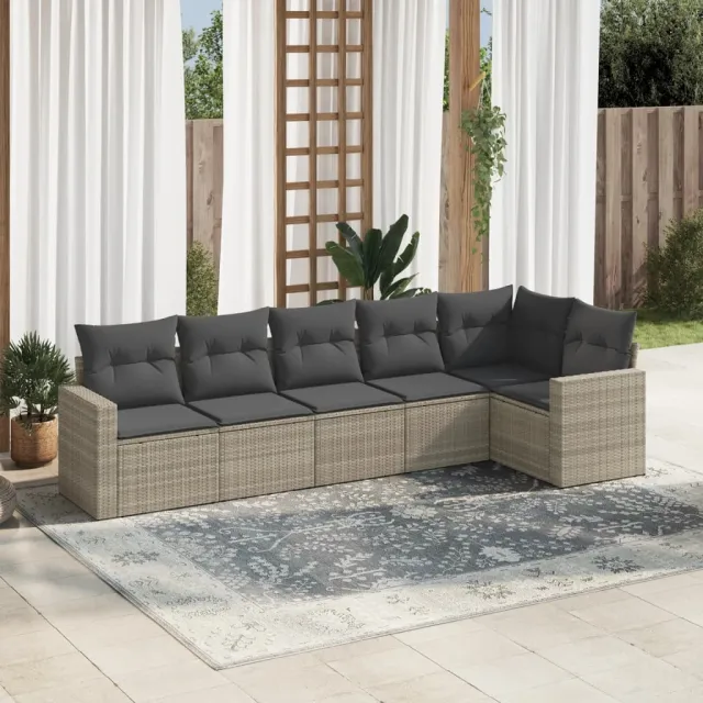 vidaXL 6-delige Loungeset met kussens poly rattan lichtgrijs grijs