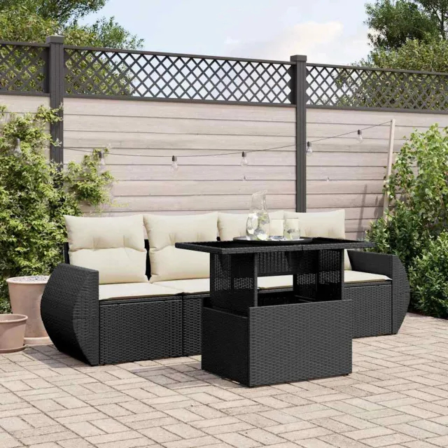 vidaXL 5-delige Loungeset met kussens poly rattan zwart, foto 2