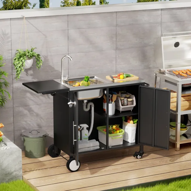 HAUSS SPOLE Tuintafel - Met Spoelbak En Opklapbaar Werkblad - 128,6 x 46 cm - Roestvrij Staal - Zwart - Verrijdbare Werktafel Met Opbergkast Black