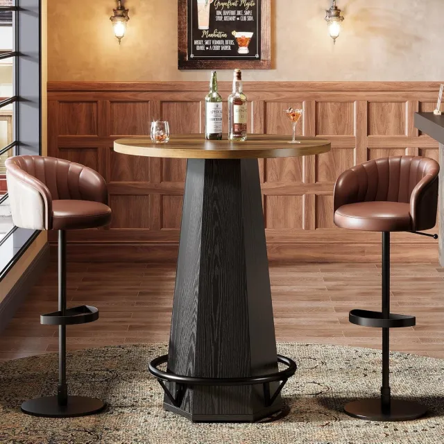 Little Trees LITTLE TREE Ronde Bartafel - Bistrococktailtafel met Metaalvoetsteun & Industriële Stijl - 39.4" H Hoge Bartafel - voor Drinken & Samenkomen, Kleine Ruimtes - Bruin & Zwart