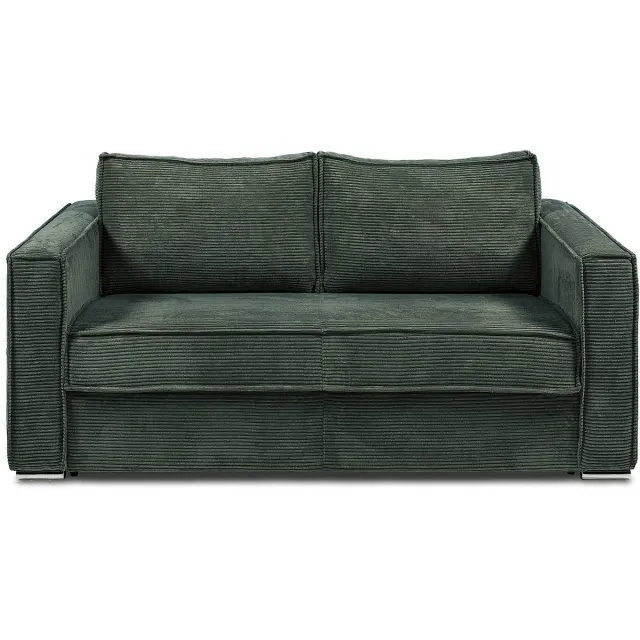 Vente-unique Express-driezitsslaapbank van spargroen ribfluweel - Bed 140 cm - Matras met vormgeheugen 22 cm LORETO Dennengroen