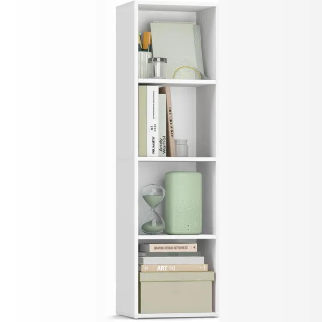 Famanu Boekenplank, 4-laags kubus boekenkast, opbergkast met open vakken, 24 x 30 x 106 cm, ideaal voor woonkamer en thuiskantoor Wit