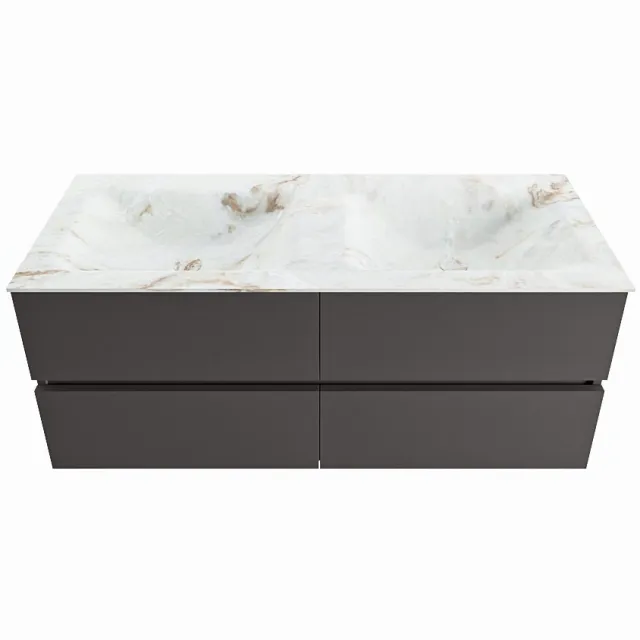 Mondiaz VICA-DLUX 120cm badmeubel onderkast Dark grey 4 lades. Inbouw wastafel CLOUD dubbel 2 kraangaten, kleur Frappe.