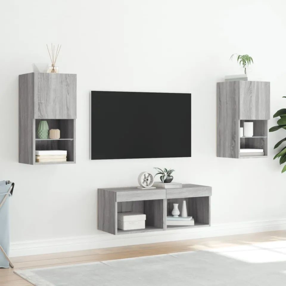 vidaXL 4-delige tv-wandmeubelset met LED-verlichting grijs sonoma, foto 2