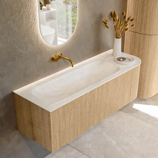 Mondiaz KURVE-DLUX 135 cm Onderkast Greeploos 1 Lade Met Deuren Oak, Wastafel Solid Surface Links Ostra 0 Kraangaten Zonder Spiegel (KRVBGM135R1L1D0KL-Oak/Ost)