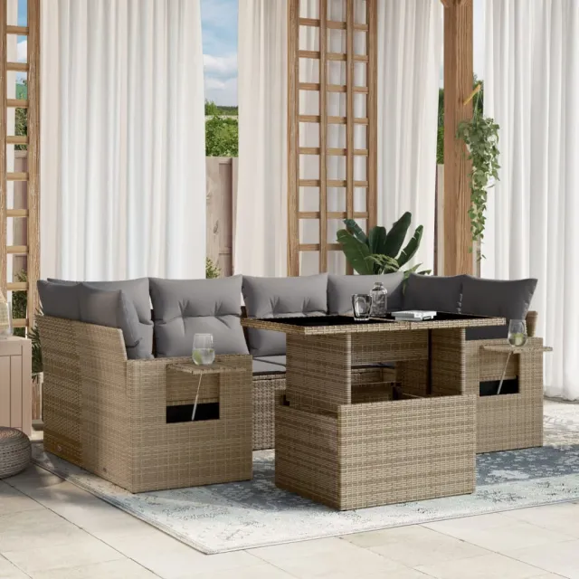 vidaXL 7-delige Loungeset met kussens poly rattan beige, foto 2