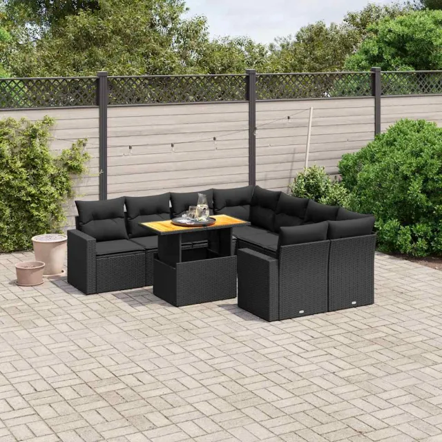 vidaXL 9-delige Loungeset met kussens poly rattan zwart, foto 2