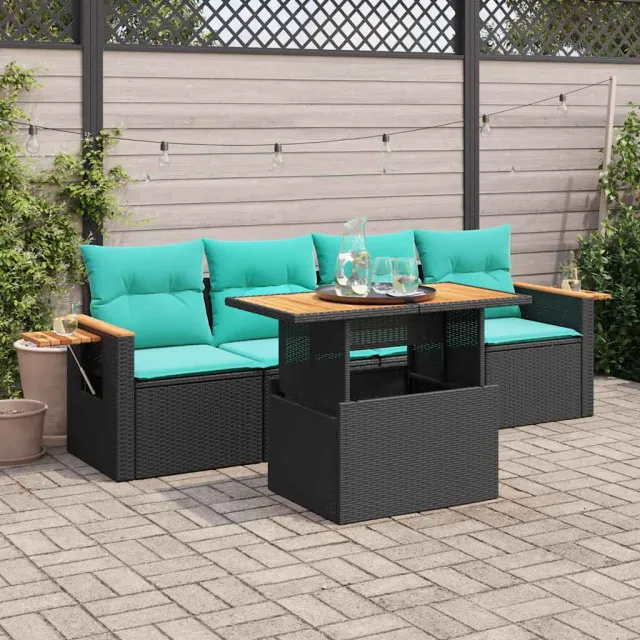 vidaXL 5-delige Loungeset met kussens poly rattan acacia zwart, foto 2