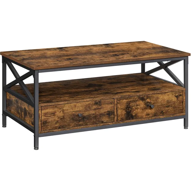 FurnStar Salontafel met 2 Laden en Opbergvak – 100 x 55 x 45 cm – Industrieel Design – Rustiek Bruin/Zwart