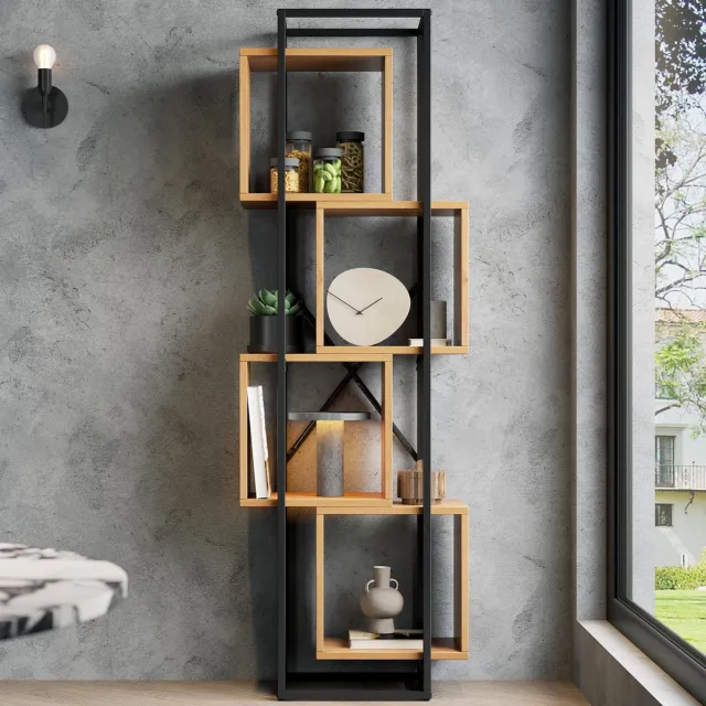 FloraGrace Open Kast – 4 Vakken – Compacte Stellingkast – MDF En Metalen Frame – Zwart Bruin – Voor Boeken En Decoratie Black Brown