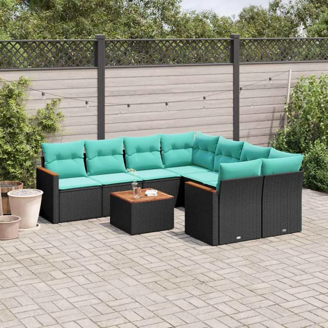 vidaXL 9-delige tuinbankset met kussens van zwart polyrotan, foto 2