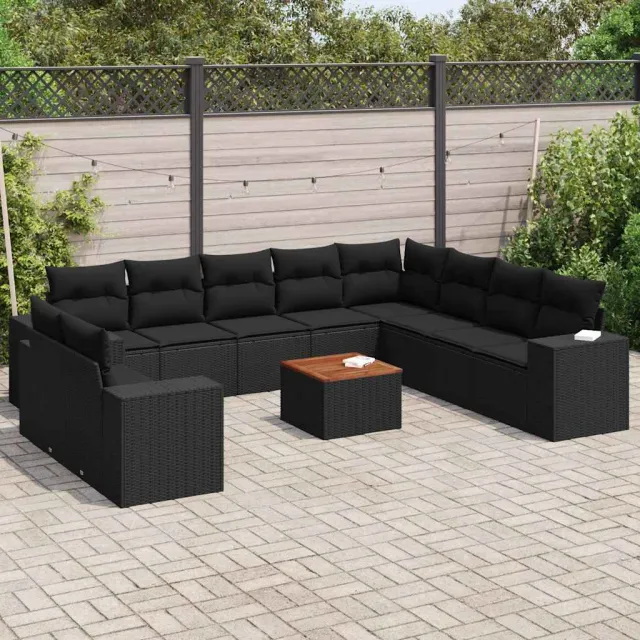 vidaXL 11-delige Loungeset met kussens poly rattan zwart, foto 2