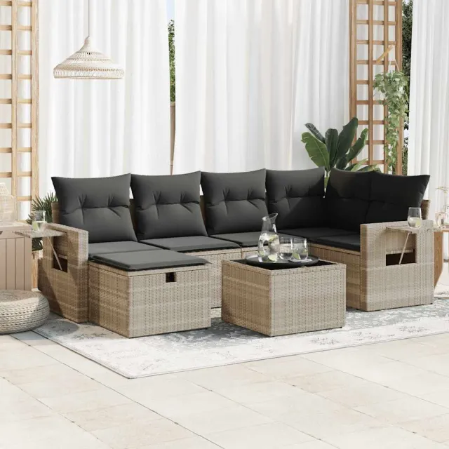 vidaXL 7-delige Loungeset met kussens poly rattan lichtgrijs grijs, foto 2