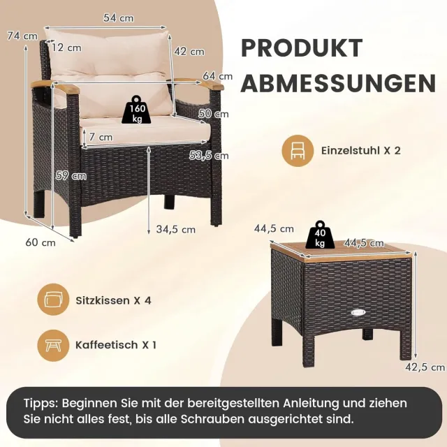 Laura 3-delige Tuin Loungeset Rotan – 64 x 60 x 74 cm – Met Tafel 44,5 x 44,5 x 42,5 cm – PE Rotan Bistroset met Kussens, Stalen Frame & Acaciahouten Tafelblad – Bruin – Laura