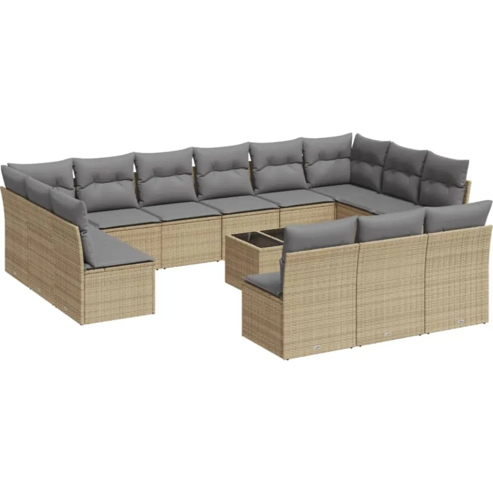 vidaXL 14-delige Loungeset met kussens poly rattan beige