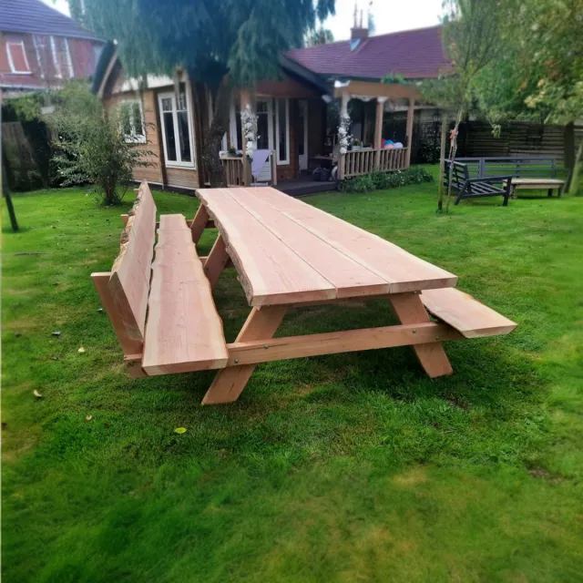 Rockwood® Picknicktafel Douglas Boomstamrand 5cm dik 4.00m met 2 rugleuningen inclusief montage op locatie Naturel