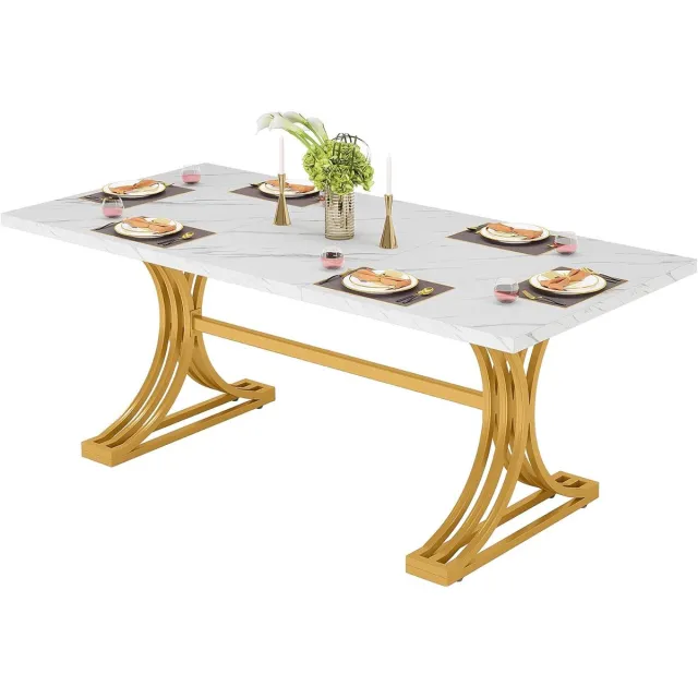 Tribesigns Eettafel - Keukentafel - 159 x 80 x 75 cm - Eetkamertafel Voor 6 Personen - met Imitatiemarmeren Tafelblad en Geometrische Poten - Modern Design - Wit en Goud