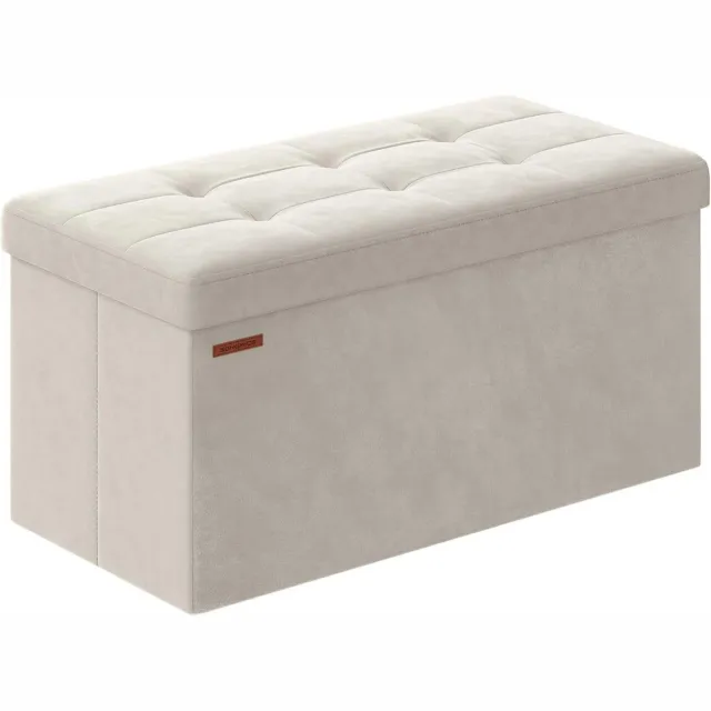 Famanu Fluwelen opvouwbare poef met opbergkist, voetenbank met 2 opbergdozen, 38 x 76 x 38 cm, 300 kg draagvermogen, crèmewit