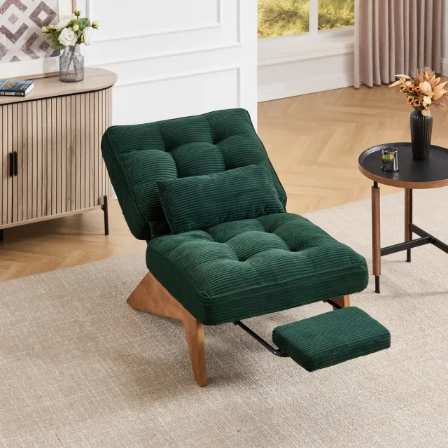 FloraGrace Fauteuil 127 x 73 x 90 Cm - Verstelbare Rugleuning Met Voetsteun - Voor Woonkamer Of Slaapkamer - Corduroy - Smaragd