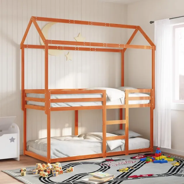 vidaXL Stapelbed met bedhuis massief grenenhout wasbruin 90x200 cm bruin